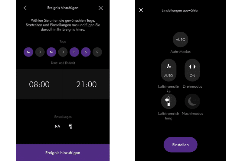 Programmierung des Dyson Pure Cool TP04 Luftreinigers in der Dyson Link App mit Tag, Uhrzeit und Funktionen.